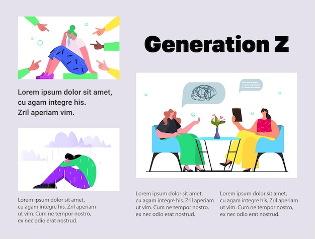 resolución de problemas psicológicos en la sesión de psicoterapia cerebral de la mujer tratamiento de adicciones al estrés y problemas mentales concepto de generación z espacio de copia horizontal ilustración vectorial