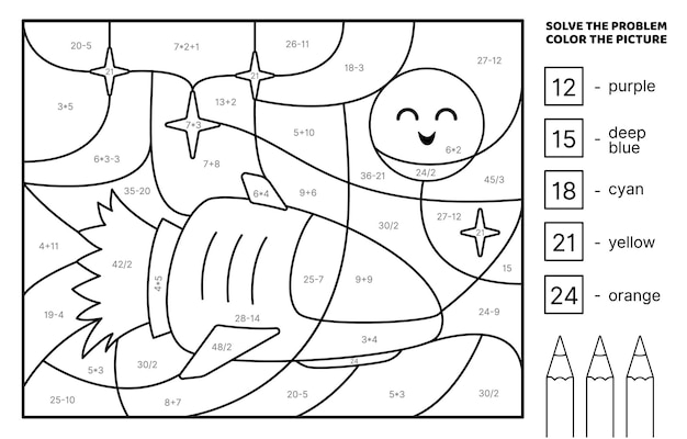 Resolver el problema colorear la imagen nave espacial en el espacio en blanco y negro libro de colorear vector
