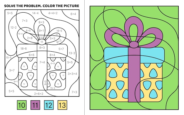 Resolver el problema presente amarillo con arco púrpura colorear la imagen libro de colorear vector de dibujos animados