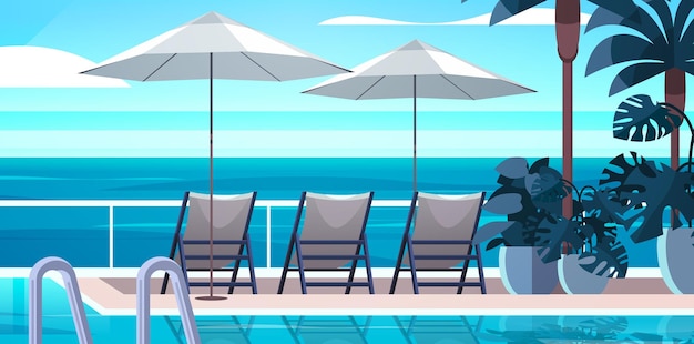 Vector resort de lujo tropical hotel playa piscina y zona de estar junto a la piscina concepto de vacaciones de verano