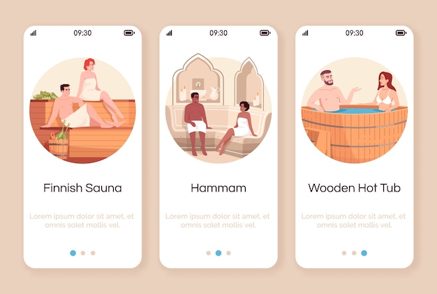 Resort de spa para parejas que incorporan la plantilla de pantalla de la aplicación móvil. Sauna finlandesa. Hammam marroquí. Bañera de hidromasaje de madera. Pasos del sitio web paso a paso con personajes. Dibujos animados de smartphone UX, UI, GUI