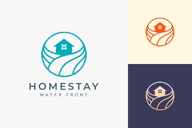 Vector resort de tema de playa o logotipo de hotel con ola oceánica y círculo