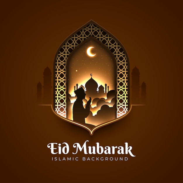 Resplandeciente ilustración de la tarjeta de felicitación de Eid Mubarak con un hombre rezando y una silueta de mezquita