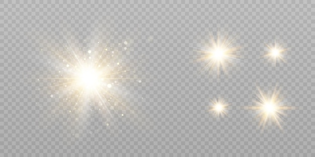 Resplandor de chispas doradas de luz sobre un fondo transparente Colección vectorial borrosa de estrellas Sol