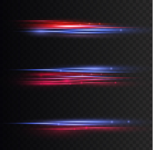 Resplandor destello chispa Rojo azul efecto de luz Línea de policía de velocidad Rayos láser Rayos de movimiento horizontal Vector