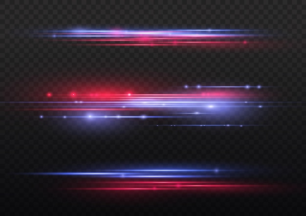 Resplandor destello chispa Rojo azul efecto de luz Línea de policía de velocidad Rayos láser Rayos de movimiento horizontal Vector