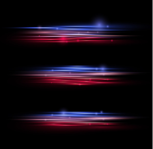 Resplandor destello chispa Rojo azul efecto de luz Línea de policía de velocidad Rayos láser Rayos de movimiento horizontal Vector