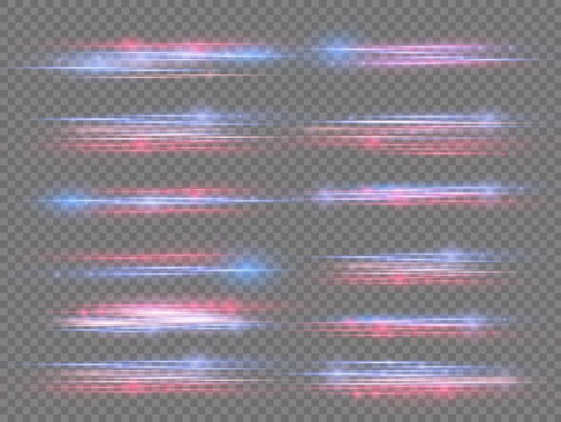 Resplandor destello chispa Rojo azul efecto de luz Línea de policía de velocidad Rayos láser Rayos de movimiento horizontal Vector