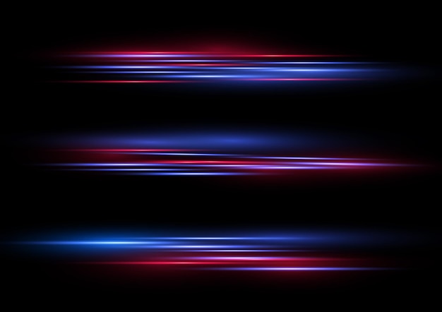 Resplandor destello chispa Rojo azul efecto de luz Línea de policía de velocidad Rayos láser Rayos de movimiento horizontal Vector