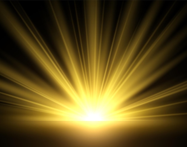 Resplandor dorado de los rayos del sol Luz amarilla aislada sobre fondo negro Luz solar dorada brillante transparente Starburst mañana amanecer Clima soleado telón de fondo vector ilustración realista