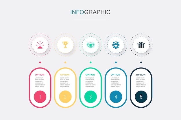 Responsabilidad logro recompensa trabajo en equipo éxito iconos Plantilla de diseño infográfico Concepto creativo con 5 pasos