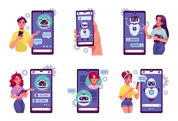 Vector respuestas de chatbot clientes chatbot preguntas frecuentes para marketing digital servicio de texto de consulta aplicación de asistencia móvil personaje de android personas con teléfonos móviles conjunto de conceptos de ilustración ordenada vectorial