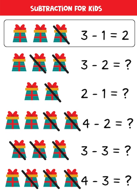 Resta con dibujos animados de regalos de Navidad. Juego educativo de matemáticas para niños.