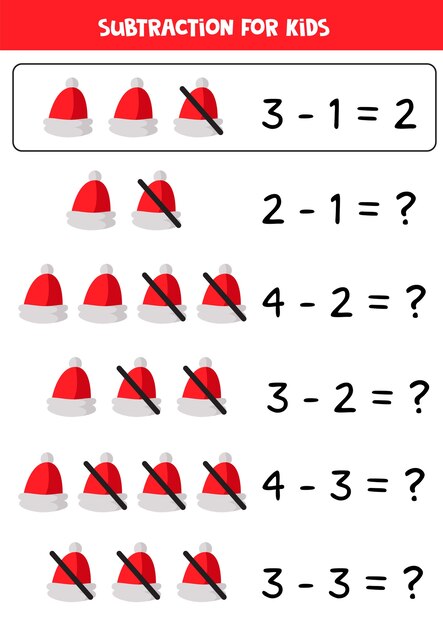 Resta con gorro rojo de dibujos animados de Santa. Juego de matemáticas para niños.
