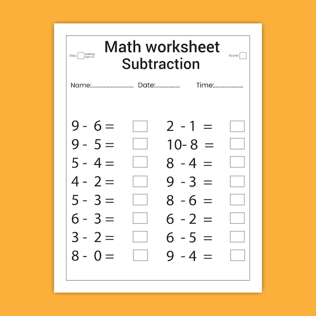 Resta de hoja de cálculo de matemáticas para niños