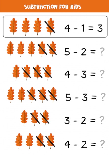 Resta con linda hoja de otoño. Juego de matemáticas para niños.