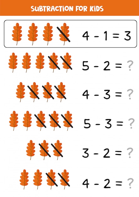 Resta con linda hoja de otoño. juego de matemáticas para niños.