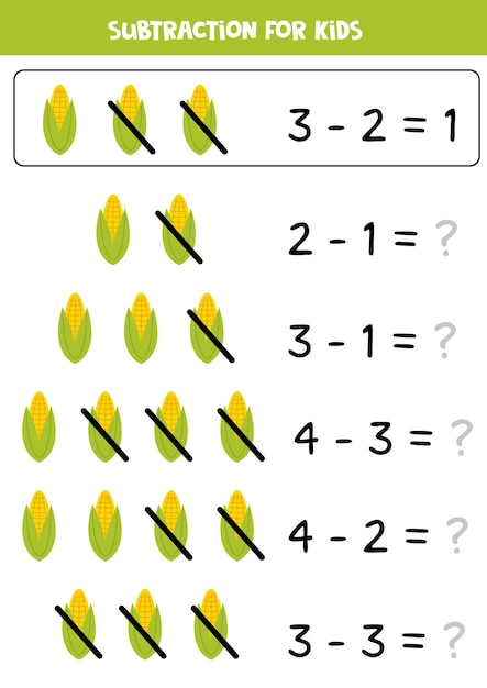 Resta con maíz Juego educativo de matemáticas para niños.