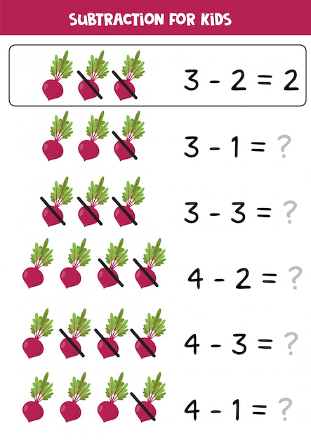 Resta para niños. remolachas de dibujos animados. juego de matemáticas.