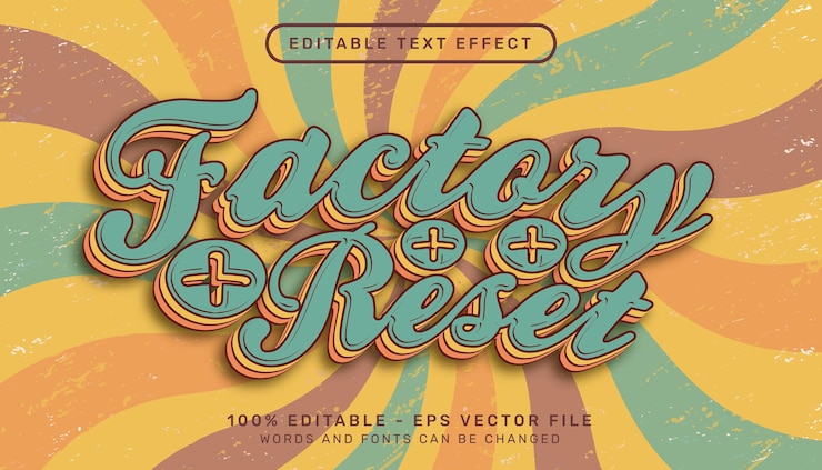 Vector restablecimiento de fábrica color retro texto 3d efecto de texto editable