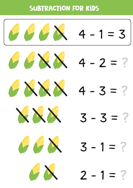 Restando mazorcas de maíz. Juego educativo de matemáticas para niños.