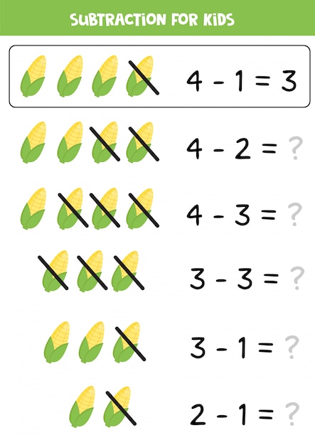 Restando mazorcas de maíz. juego educativo de matemáticas para niños.