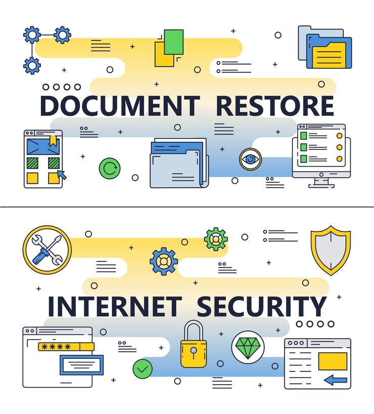 Vector restauración de documentos y conjunto de plantillas de seguridad en internet vector thin line art flat style elementos de diseño iconos para banners de sitios web y materiales impresos