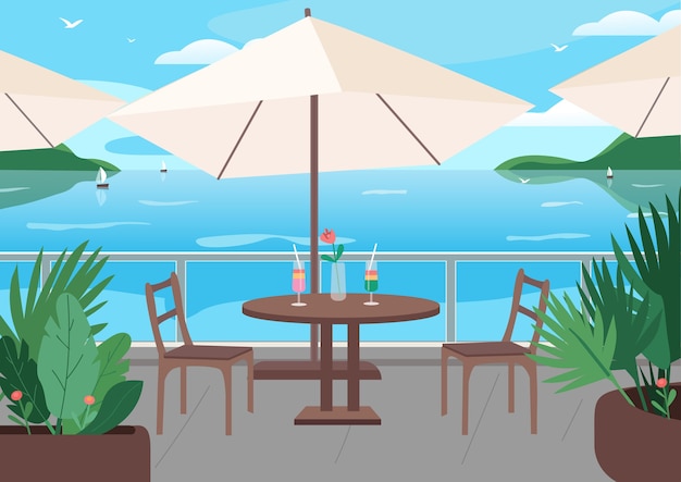 Restaurante de la calle en la ilustración de color plano del balneario. Bebidas alcohólicas en mesa.