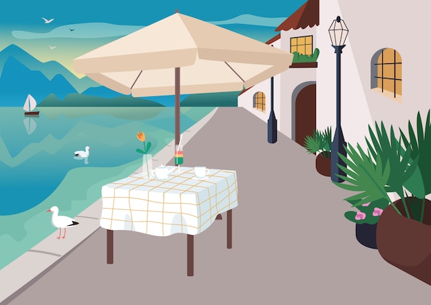 Vector restaurante de la calle en la ilustración de vector de color plano pueblo balneario. mesa de café servido en primera línea de mar. paisaje de dibujos animados 2d frente a la playa con gaviotas, montañas y el océano en el fondo