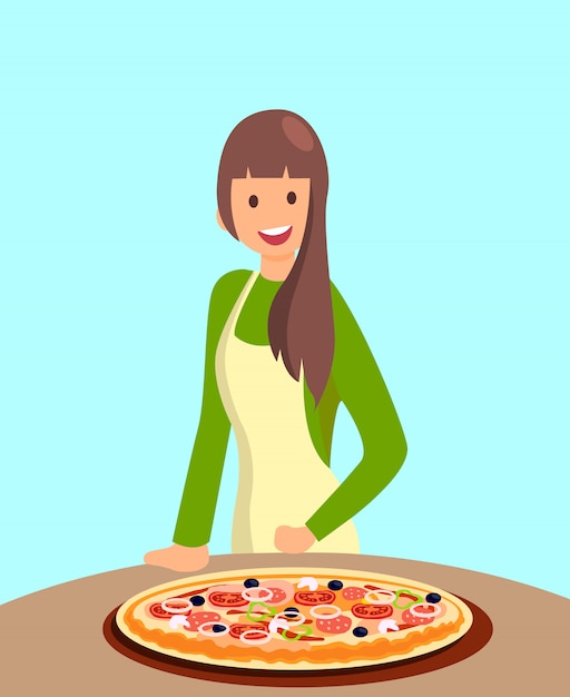 Restaurante Chef Femenina Ofreciendo Pizza Ilustración