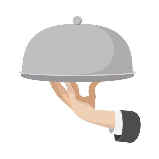 Restaurante cloche en la mano el camarero Icono de dibujos animados aislado en un blanco