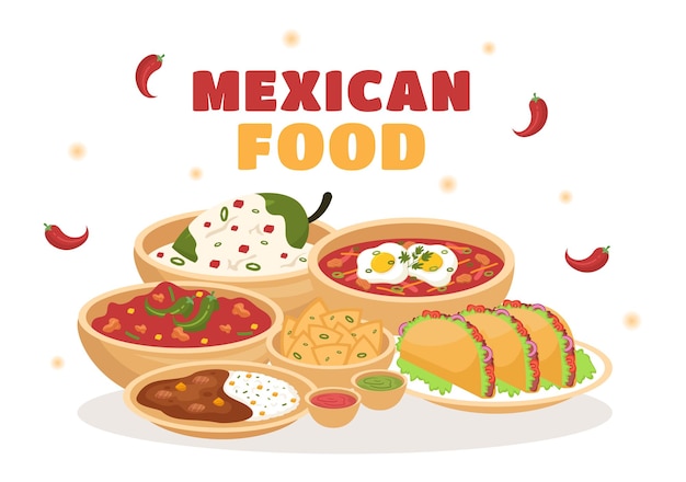 Vector restaurante de comida mexicana con varios de deliciosa cocina tradicional en ilustración plana