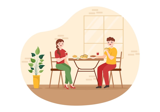 Restaurante de comida mexicana con varios de deliciosa cocina tradicional en ilustración plana