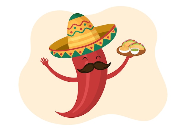 Restaurante de comida mexicana con varios de deliciosa cocina tradicional en ilustración plana