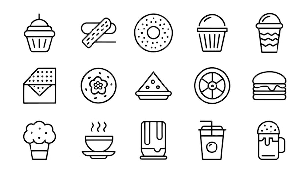 Restaurante de comida rápida Burger donut pizza helado café relacionado conjunto de iconos de contorno de trazo editable Ilustración vectorial en fondo blanco
