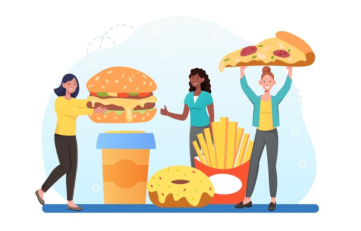 Vector restaurante de comida rápida collage con personas pequeñas cliente comprar combo comida lista en la corte de alimentos imagen de héroe