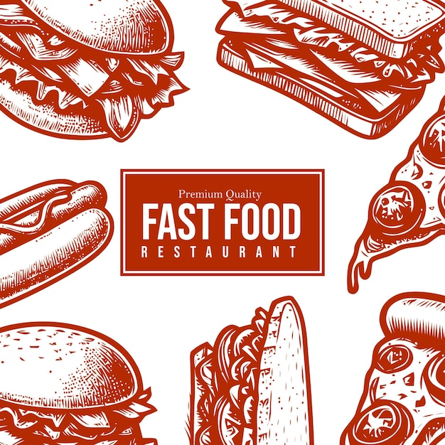 Restaurante de comida rápida con estandarte de comida grabado