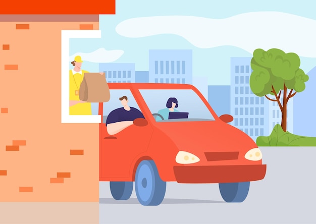 Restaurante comida unidad vector ilustración plano hombre mujer carácter orden comida rápida del servicio al cliente del coche a través de ventana trabajador en uniforme