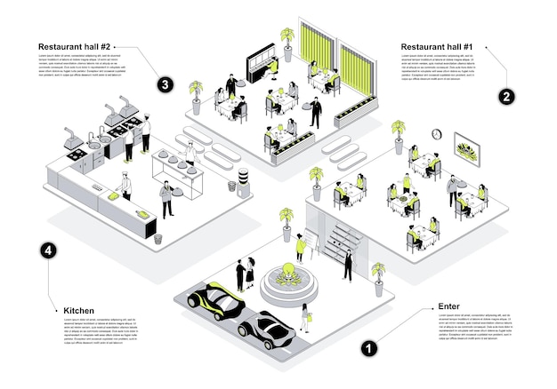 Restaurante concepto isométrico 3d en el diseño de contornos para la web Gente en salas de isometría esperando en la entrada y la sala de recepción sentada en las mesas en el comedor el personal trabaja en la cocina Ilustración vectorial