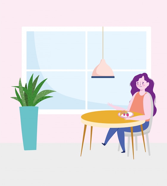 Restaurante distanciamiento social, mujer comiendo frutas solo en la mesa, prevención coronavirus