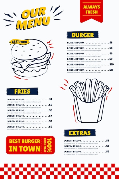 Restaurante de estilo americano retro Hamburguesa de comida rápida y menú de papas fritas Vector