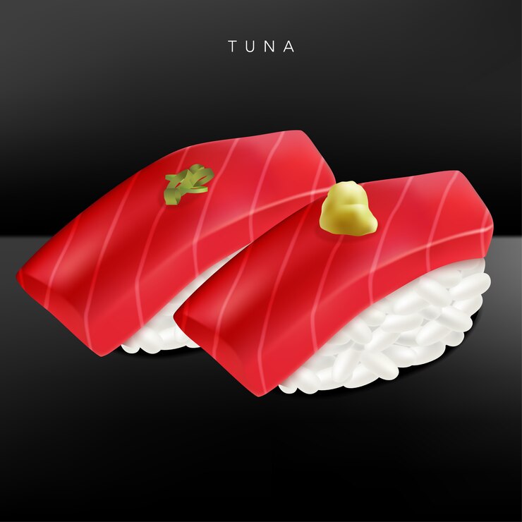 Restaurante japonés o restaurante de sushi bar Ilustración realista de atún o sushi de toro con puré de jengibre