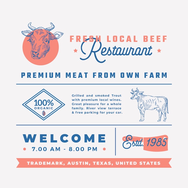 Restaurante local de carne fresca signos, títulos, inscripciones y elementos de decoración del menú.