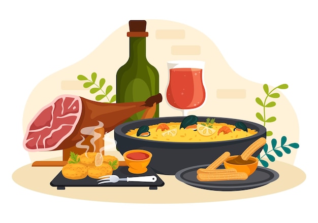 Vector restaurante de menú de cocina de comida española con varias recetas de platos tradicionales en ilustración plana