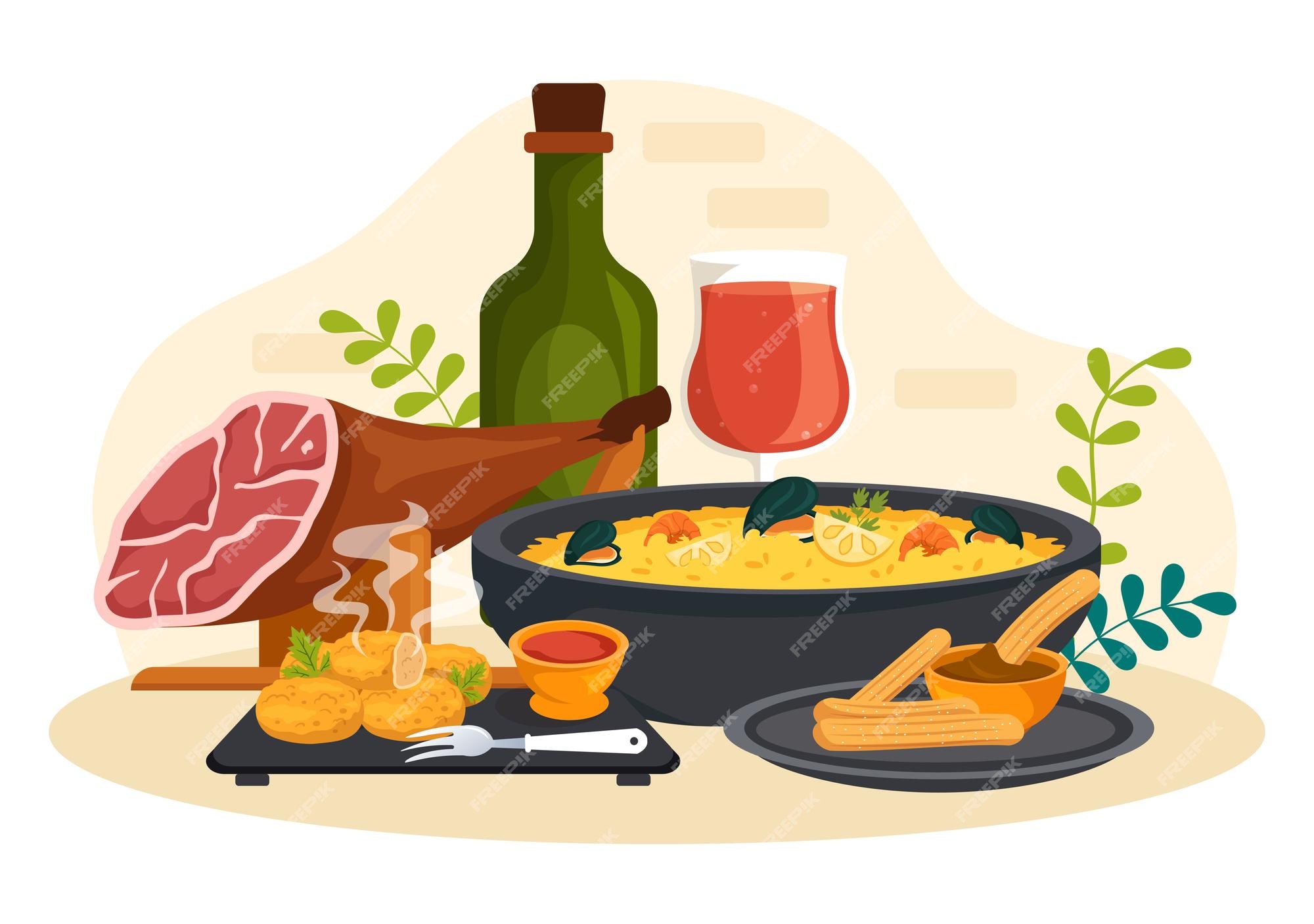 Restaurante de menú de cocina de comida española con varias recetas de  platos tradicionales en ilustración plana | Vector Premium