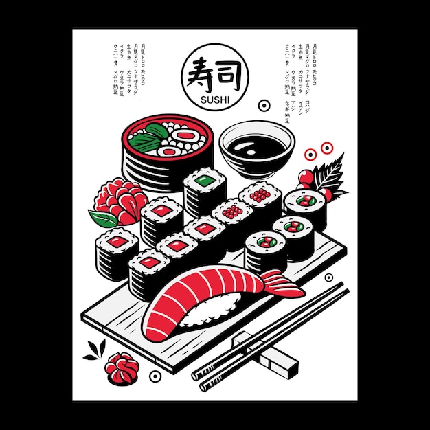 Restaurante de menú de sushi de cocina japonesa cartel publicitario de colores brillantes en vector de estilo vintage