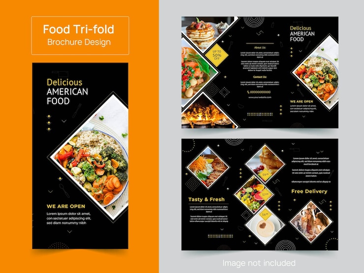 Vector restaurante menú triplo de comida folleto de entrega de alimentos plantilla de diseño de folleto de comida rápida saludable