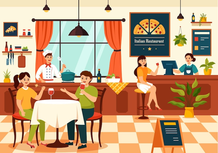 Vector restaurante o cafetería italiana ilustración con platos tradicionales de italia pizza o pasta