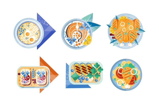 Restaurante o conjunto de comida casera Vista superior de los platos de la cena Ilustración vectorial