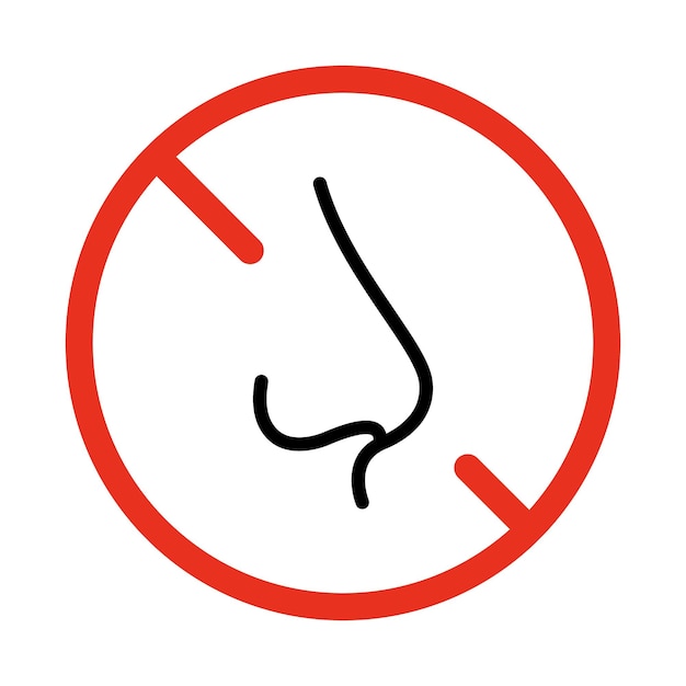 Restricción del icono de la línea de alergia al aliento de la nariz Prohibición del sentido del olor de la respiración nasal Aliento nasal prohibido Órgano humano del olfato Cierre la nariz del olor a humo Vector